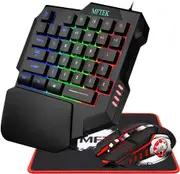 MFTEK One Hand Gaming Keyboard and Mouse Combo, RGB Rainbow Backlit One-Handed Mechanical Feeling Gaming Keyboard with Wrist Rest Support, USB Wired K