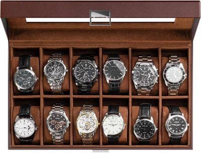 Watch Box Organizer for Men, 12 Slot Watch Display Case with Glass Lid, PU Leath