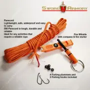 25’ 550 Paracord Rope Orange Firecord Fishing Hooks Survival Tool Plummets