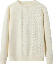 [Gsywaipei] Men's Crewneck Cable Knit Sweater Long Sleeve Male Pullover Knits Sweater Casual Knitted Twist Sweaters, Beige, S