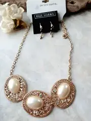 Signed NWT Jaclyn Smith Statement Pearl Crystal Necklace Paul Harris Earrings