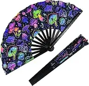 Jeyeou Rave Folding Fan, Large Rave Clack Folding Hand Fan UV Glow Popping Handheld Foldable Silk Fan for Music Party Drag Queene Dance Performance Decoration Gift