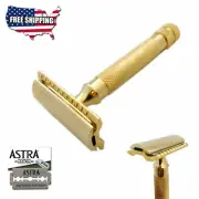 BEARD CUT THROAT BUMP FREE DOUBLE EDGE SAFETY RAZOR + 5 ASTRA SHAVING BLADE GOLD