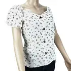 Monteau Ivory Floral Linen Blend Whimsy Top S Sweetheart Neck Fairy Cottage NWT