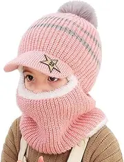 [Uniyoung] Baby Winter Warm Hat Scarf Toddler Girls Boys Ear Flaps Hood Balaclava Kids Fleece Lining Knit Pompom Beanie Hat with Visor Ski Snow Caps for 1-5 Years