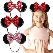 SAMARKAND Shiny Sequin Minnie Bow Headbands - Elastic, Adjustable, and Headache-Free - Glitter Mouse Ears for Girls and Women (Classic)