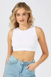White Tank Top Crew Neck Seamless - Size L, Women's Tank