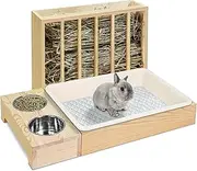 MOBYKE 3 in 1 Rabbit Hay Feeder with Litter Box and Bowls, Wooden Bunny Guinea Pig Holder Toilet Small Animal Rack Manger for Chinchillas, Hamster, Dwarf Rabbit, Wood colour