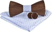 [Generic] Wood Bow Tie Handmade Groom Groomsman Pre-tie Bowtie Pocket Square and Men's Cufflinks Set
