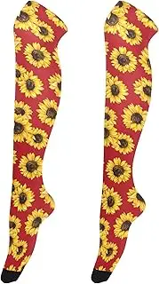 [Caihoyu] Over-Knee Stockings for Women Fashion Crazy Extra Long Socks High Football Socks for Dates Yellow Sunflower Pattern, Yellow Sunflower Pattern
