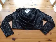 BNWT Boohoo Size 22 Black Sequin Cowl Neck Top Stretch Long Sleeves