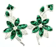 Emerald Green Sequin Floral Appliques(2)Silver Beads,Sequins,Crystal Center,5x3"