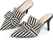 [Perphy] Bow Stripe Pointed Toe Slip On Stiletto Heel Mules for Women