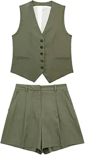 [Zadaos] Women Summer Shorts Sets Outfits Linen Single Breasted Tops Sleeveless Vests + Short Two Piece Sets