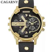 Cagarny Men's Watches Men Fashion Quartz Wristwatches Cool Big Watch Leather Bracelet 2 Times Military Relogio Masculino D6820 Black