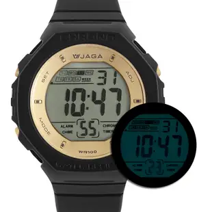 JAGA 捷卡 / M1235-A / 八角型 電子運動 計時碼錶 鬧鈴 防水100米 橡膠手錶-黑金色/46mm