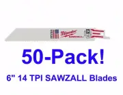 Milwaukee 48-01-6182 6" 14 TPI Thin Kerf Reciprocating SAWZALL Blades (50 Pack)