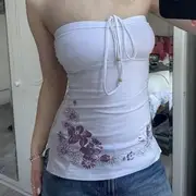 Tie-Front Flower Print Slim-Fit Tube Top White - L