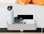 -Bedside Perch for College Dorm Bunk Bed, Floating Organizer with USB-C & Grey