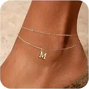 [Cuzmly] Gold Ankle Bracelets for Women, Initial Anklets for Women Waterproof 14K Gold Layered Satellite Thin Box Chain Letter Anklet Set Summer Beach Jewelry Gifts for Women Teen Girls