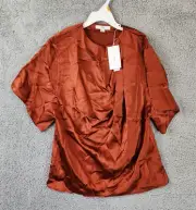 Vince Draped Silk Flutter Sleeve Top Women's XXS Rust Amber Shoulder Zip Closure