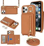 SunYoo for iPhone 11 Pro Crossbody Case with Card Holders Money Slots Zipper Coin Purse Rotatable Ring Kickstand Cover Wristlet Strap Lanyard Litchi Leather Wallet Flip Cover for iPhone 11Pro Brown