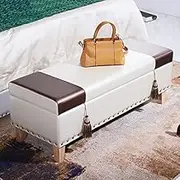 Modern Ottoman Faux Leather Upholstered with Storage Space Bench Footrest Shoe Stool for Living Room Bedroom Entryway Hallway-Brown&White 80x43x40cm(31x17x16inch)