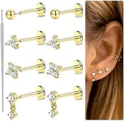 [LOLIAS] 18K Gold Plated Threadless Flat Back Earrings Studs 316L Surgical Steel Push in Nose Studs Rings 20G 18G 16G CZ Tragus Cartilage Helix Conch Lip Labret Medusa Nostril Piercing Jewelry Hypoallergenic