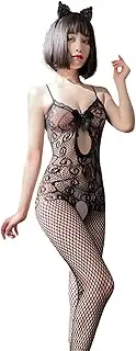 [CUTEZING] Women's Sexy Bodystocking Strap Bodysuits Thigh Lingerie Fishnet Sparkle Rhinestone Sexy Mesh Teddy Queen Lingerie, Black, One Size