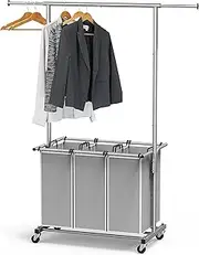 SimpleHouseware Clothes Rack with 3 Sections Laundry Basket Sorter, Silver