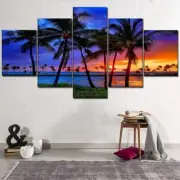 Palm Tree Painting Sunset 5 Panel Canvas Print Wall Art Poster Home Decoration