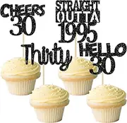 Gyufise 24 Pack 30th Birthday Cupcake Toppers Black Glitter Thirty Straight Outta 1995 Hello 30 Cupcake Picks Cheers to 30 Years Birthday Anniversary Cake Decorations Supplies