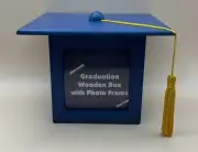 Graduation Cap & Tassel Blue Wooden Storage Box W/ Photo Frame 3 x 3 Some Scuffs
