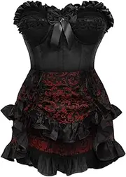 [Daisy corsets] Womens 2 Pc Black Satin Steel Boned Corset & Red Brocade Skirt Set Bustier Dress