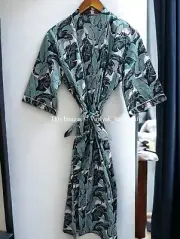 Indian Cotton Long Kimono Banana Leaf Printed Women's Nightwear Robe Gown Dress