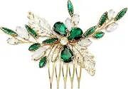 BETITETO Green Bridal Side Comb Crystal Leaf Wedding Small Hair Piece Accessories for Women Girls Party (Emerald Green)