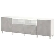 BESTÅ TV bench with doors and drawers, white/Kallviken/Stubbarp light grey, 240x42x74 cm