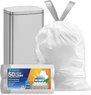 OKKEAI 50l Bin Bags Kitche Bin Liners Heavy Duty Waste Bags Large Garbage Bags Tall Swing Rubbish Bags 20 Counts Plastic White Trash Bags with Drawstring Tie Handle Fit 40-60 Liter Bin