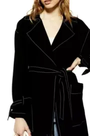 NWT Topshop Belted Duster Coat Black Contrast Stitched Size 2 S-M