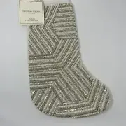 Christian Siriano Cream, Silver, Pearl Beaded Christmas Holiday Stocking 22"