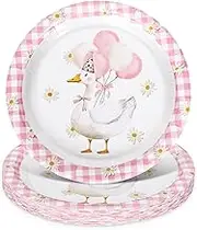 24 Pcs One Silly Goose Paper Plates Pink Plaid Goose Daisy Disposable Plates 9 Inch Watercolor Party Tableware for Birthday Baby Shower Table Decor Supplies