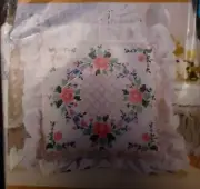 Vtg Cross-Stitch Decorative Pillow Kit by Bucilla Floral & Trellis Lace Border
