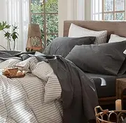 MooMee Bedding Sheet Set 100% Washed Cotton Linen Like Textured Breathable Durable Soft Comfy (Heathered Dark Grey, Queen)