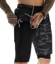 [PHJTOMK] Men's 2 in 1 Workout Running Shorts Dry Lightweight Training Shorts with Pockets Gym Workout Short with Towel Loop