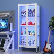 Minifigures Display Case Glass 4 Tier LED Light Figure Diecast Car White Cabinet