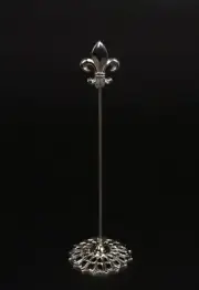 Card Sign Holder Silver Fleur-de-lis Top Filigree Base 3.5"Dia 9"High Set/6
