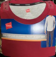 Hanes Men's Red Plaid Knit Top And Flannel Pant PJ Set Size M New.