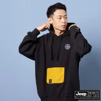 在飛比找momo購物網優惠-【JEEP】男裝 潮流跳色口袋刷毛休閒連帽T恤(黑色)