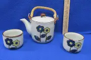 Ceramic Teapot & 2 Tea Cups Floral Design w/ Reed Wrap Handle On Pot Set Of 3