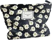Gidary Floral Cosmetic Bag Makeup Bag Preppy Cute Corduroy Toiletry Bag for Women Travel Essentials (Black)